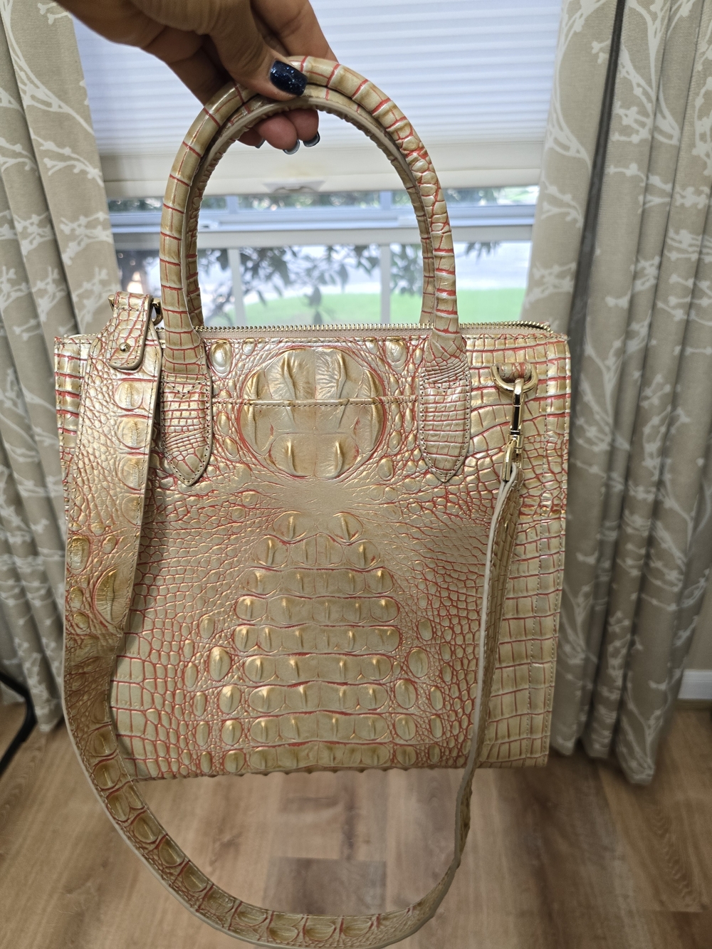 Brahmin Croc-Embossed Cream with Pink Accent Satchel - Picture 12 of 12